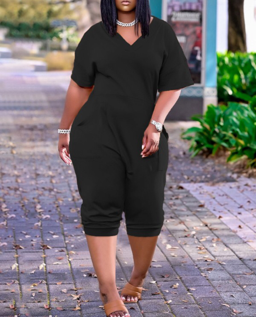 Pocket Design Plain Short Sleeve Jumpsuit (Black)